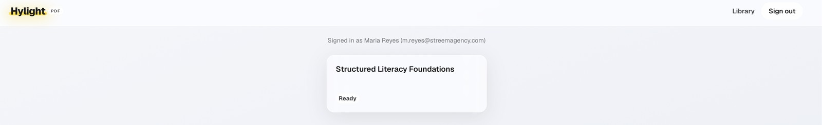 A learner's Hylight library, showing the single title her cohort has been assigned.